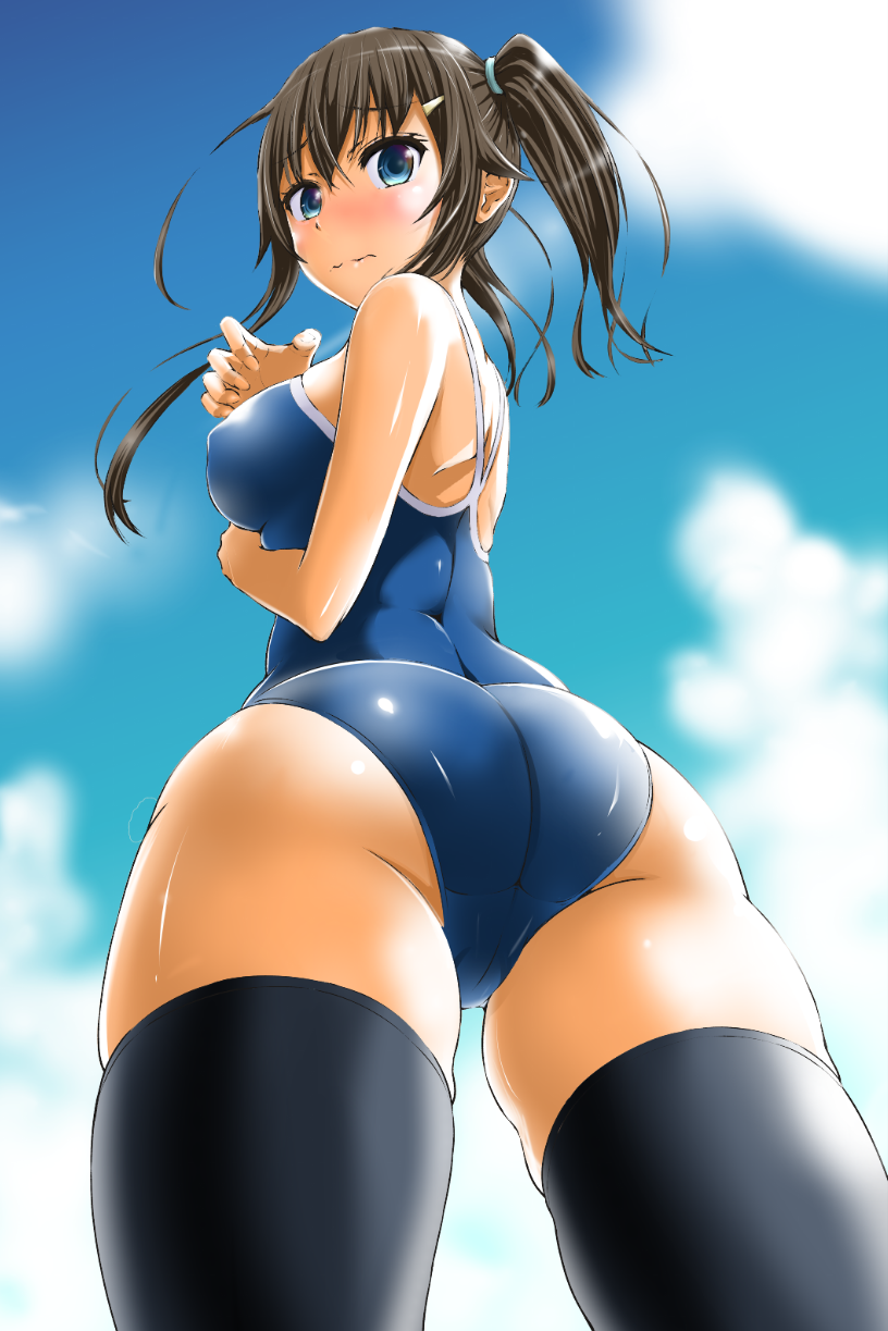 1girl ass biting black_hair black_legwear blue_eyes blurry blurry_background blush breasts clouds cloudy_sky day erect_nipples from_below hair_ornament hairclip highres imai_yu lip_biting long_hair looking_at_viewer looking_back looking_down original outdoors school_swimsuit sky swimsuit thigh-highs twintails twisted_torso