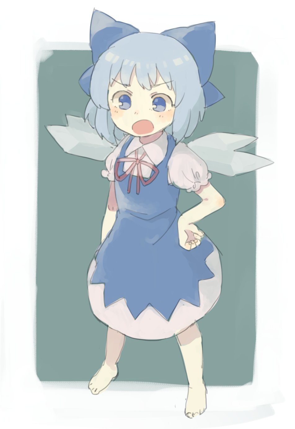 1girl bare_shoulders blue_background blue_bow blue_dress blue_eyes blue_hair blush bow cirno collared_shirt commentary_request dress full_body hair_bow hand_on_hip highres ice neck_ribbon open_mouth puffy_short_sleeves puffy_sleeves red_neckwear red_ribbon ribbon sasa_kichi shirt short_sleeves simple_background solo touhou white_shirt wing_collar wings