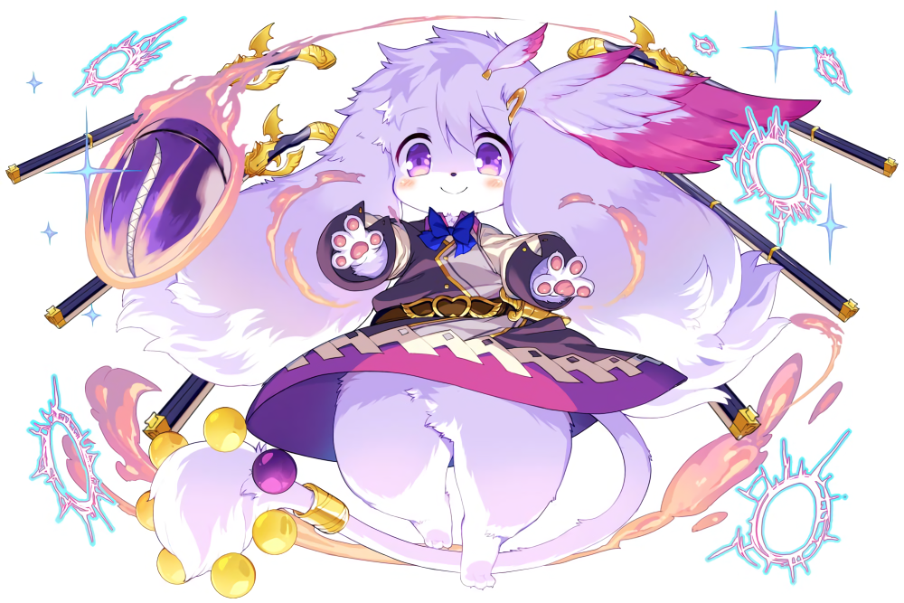 blush bullet full_body fullbokko_heroes furry gun kishibe long_sleeves looking_at_viewer no_pants official_art outstretched_arms simple_background smile solo tail violet_eyes weapon white_background wing_hair_ornament