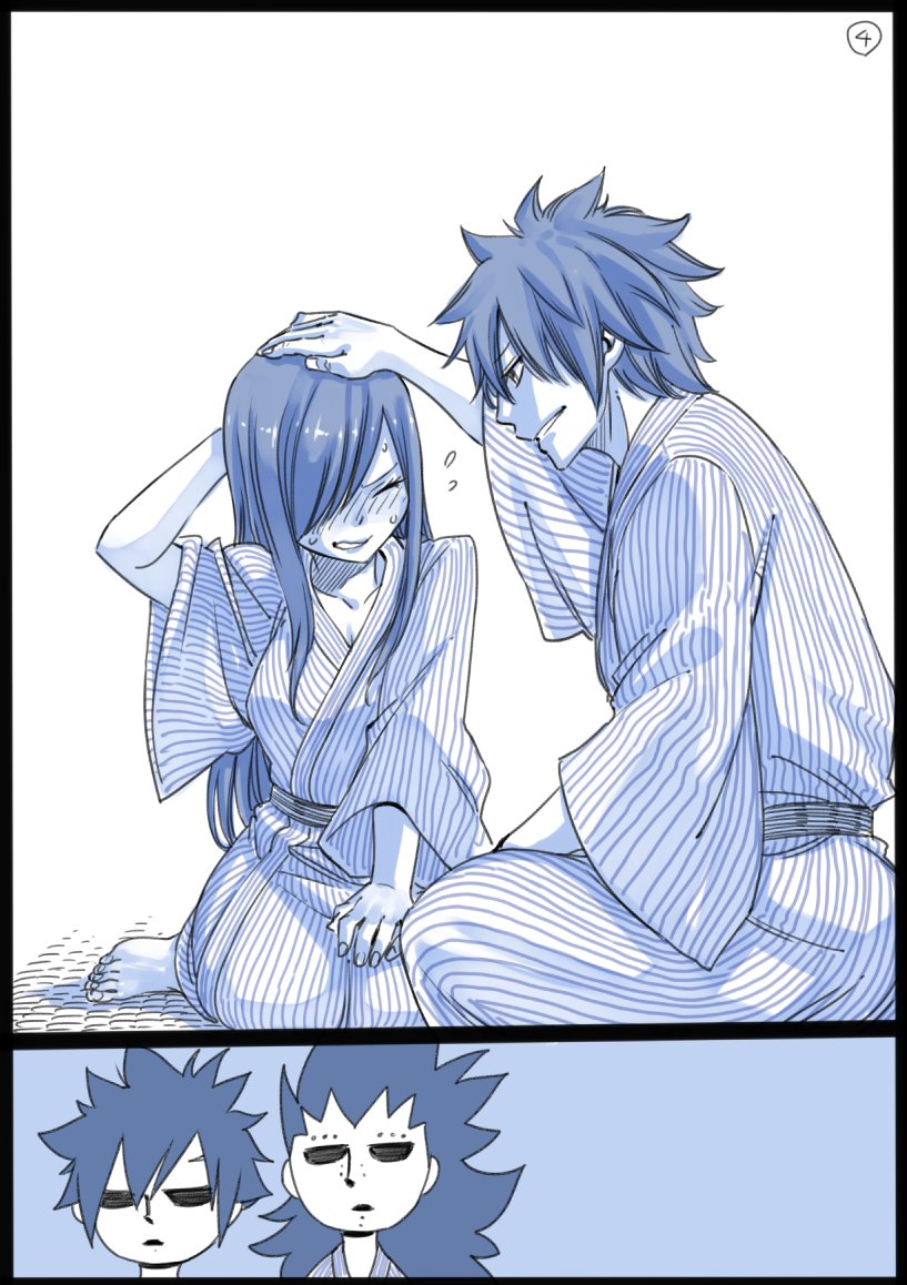 1girl 3boys barefoot bath_yukata black_border blush border comic drunk erza_scarlet eyebrow_piercing fairy_tail flying_sweatdrops gajeel_redfox gray_fullbuster hair_over_one_eye japanese_clothes jellal_fernandes kimono long_hair mashima_hiro monochrome multiple_boys nose_piercing petting piercing shaded_face silent_comic smile yukata