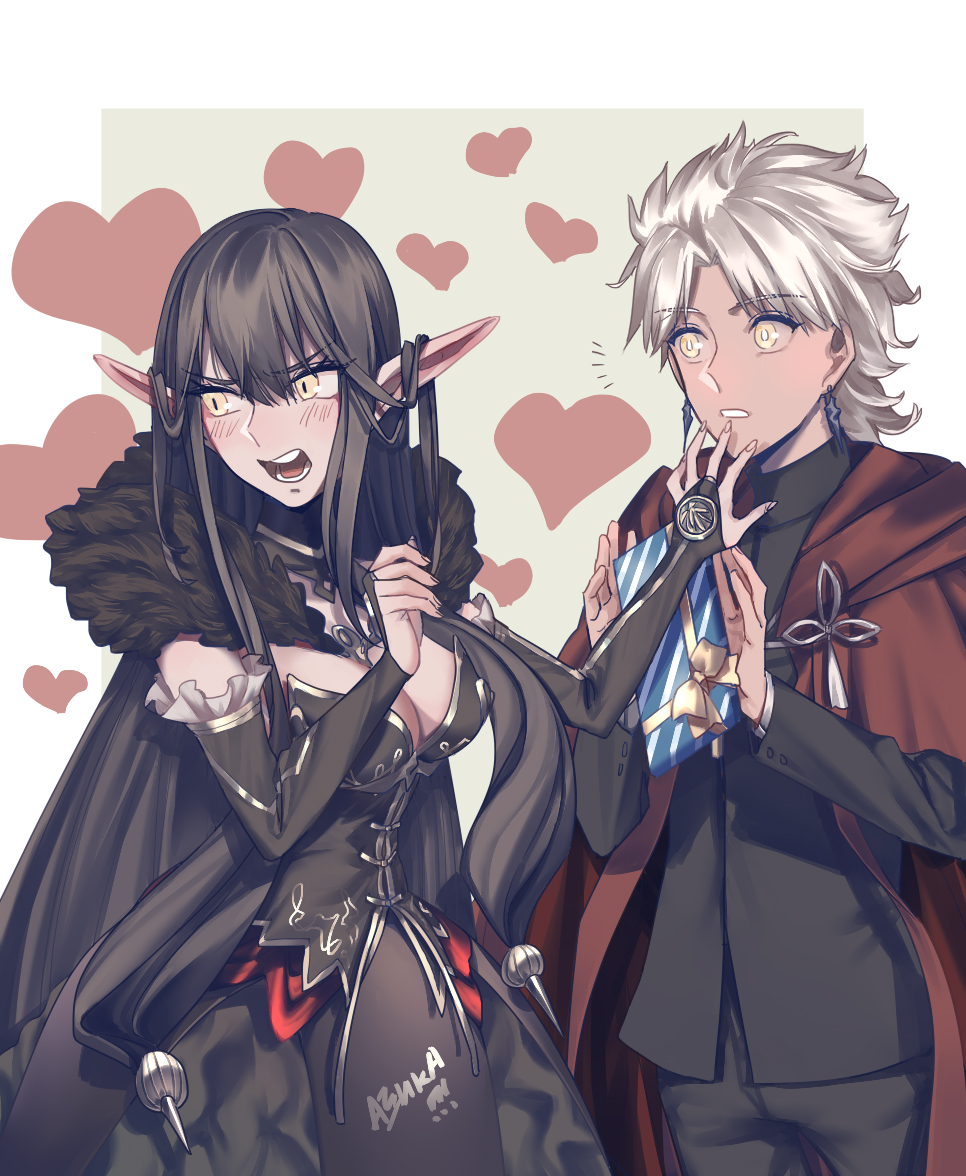 /\/\/\ 1boy 1girl amakusa_shirou_(fate) black_dress black_hair blush breasts bridal_gauntlets cape cleavage coat dress embarrassed fate/apocrypha fate_(series) fur_trim gift hair_between_eyes heart large_breasts liangchanxingmingrixiang long_dress long_hair looking_at_another looking_away open_mouth pointy_ears red_coat semiramis_(fate) uniform valentine very_long_hair white_hair yellow_eyes