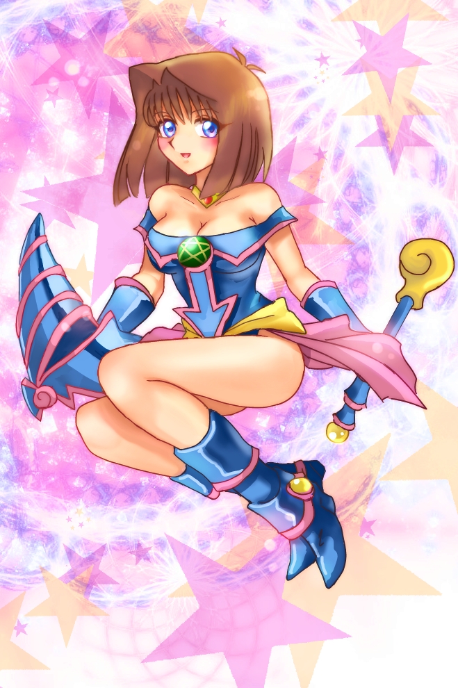 1girl blue_eyes breasts brown_hair cleavage commentary_request cosplay dark_magician_girl dark_magician_girl_(cosplay) kaibasyatyou mazaki_anzu short_hair solo yu-gi-oh! yuu-gi-ou_duel_monsters