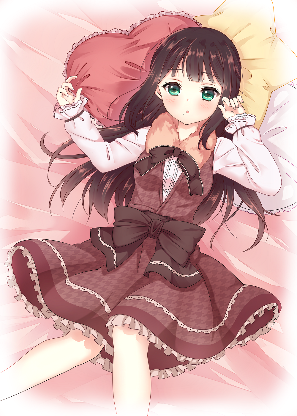 1girl aqua_eyes bangs black_bow black_hair blunt_bangs bow buttons dress frilled_dress frilled_sleeves frills fur_trim green_eyes hand_to_own_face heart heart_pillow highres kurosawa_dia long_hair long_sleeves love_live! love_live!_sunshine!! lying mole mole_under_mouth on_back parted_lips pillow sidelocks sleeves_past_wrists solo star star_pillow tori_gomoku_(torimogomogo) valentine vignetting