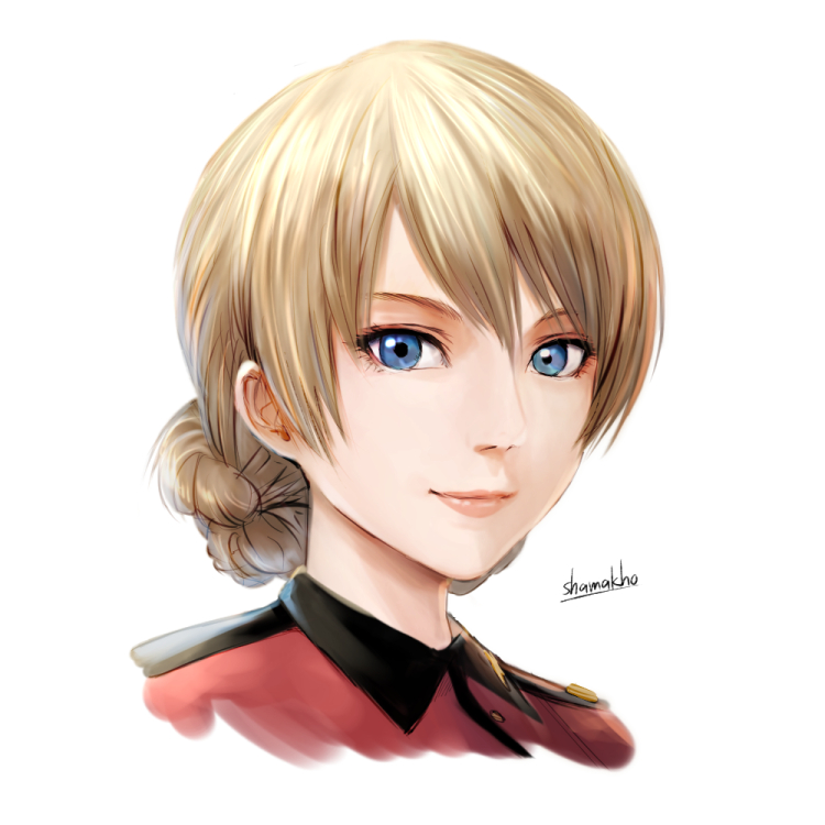 1girl artist_name bangs blonde_hair blue_eyes braid closed_mouth commentary_request darjeeling epaulettes girls_und_panzer jacket light_smile looking_at_viewer military military_uniform portrait red_jacket shamakho short_hair signature simple_background solo st._gloriana's_military_uniform tied_hair twin_braids uniform white_background
