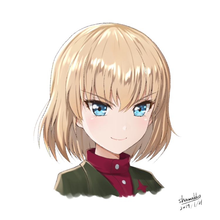 1girl artist_name bangs blonde_hair blue_eyes closed_mouth dated girls_und_panzer green_jacket jacket katyusha looking_at_viewer portrait pravda_school_uniform red_shirt school_uniform shamakho shirt short_hair signature simple_background smile solo turtleneck white_background