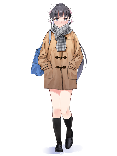 1girl ahoge bag bangs black_hair black_legwear blue_eyes blunt_bangs blush bow duffel_coat earmuffs eyebrows_visible_through_hair full_body grey_scarf hair_bow hands_in_pockets katatsuka_kouji kneehighs loafers long_hair long_sleeves looking_at_viewer original plaid plaid_scarf ponytail scarf school_bag shoes simple_background solo tareme very_long_hair walking white_background white_bow