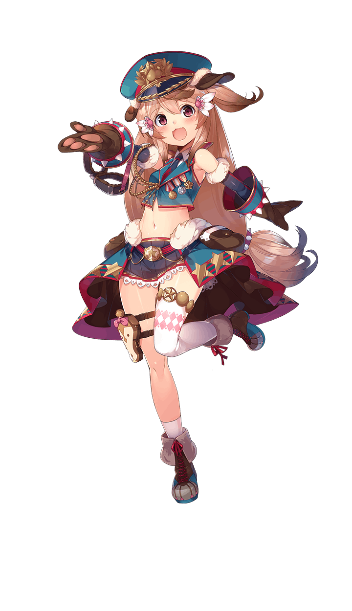 1girl :3 :d armpits bare_shoulders blue_legwear blue_neckwear blue_skirt boots brown_footwear brown_gloves dog_paws formation_girls full_body gloves hair_ornament hat highres kokka_han leika_fyodrina_ermakova long_hair looking_at_viewer military_hat mismatched_legwear navel necktie official_art open_mouth paws peaked_cap pink_hair pleated_skirt red_eyes single_thighhigh skirt smile solo thigh-highs thigh_boots transparent_background white_legwear