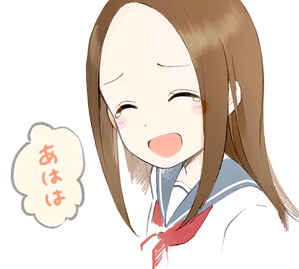 1girl :d blue_sailor_collar blush brown_hair closed_eyes commentary_request facing_viewer karakai_jouzu_no_takagi-san laughing long_hair neckerchief open_mouth red_neckwear sailor_collar sako_(user_ndpz5754) school_uniform serafuku shirt simple_background smile solo takagi-san tears white_background white_shirt