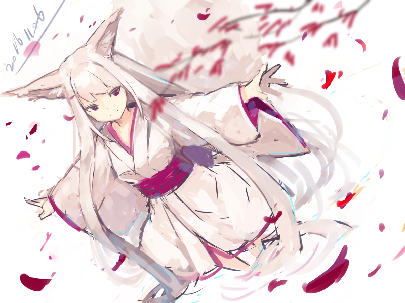 1girl absurdly_long_hair animal_ears bangs blurry blurry_foreground closed_mouth dated depth_of_field dutch_angle fox_ears fox_girl fox_tail japanese_clothes kimono light_smile long_hair long_sleeves looking_away obi original outstretched_arms red_eyes sash silver_hair sketch smile solo spread_arms standing tail very_long_hair wading white_kimono wide_sleeves yuuji_(yukimimi)