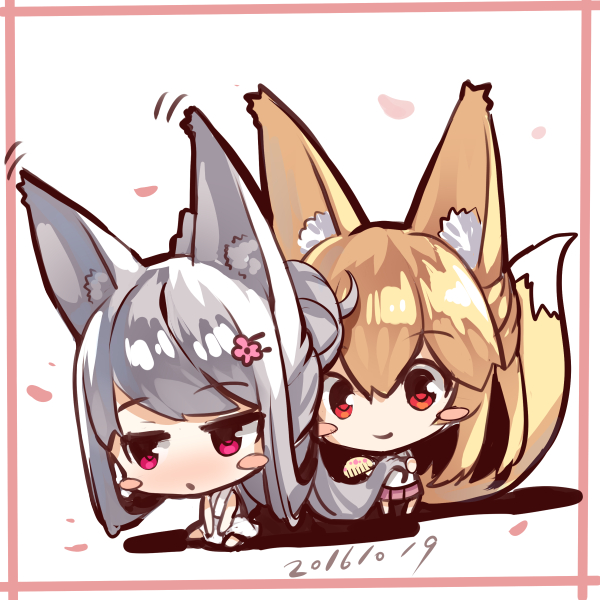 1girl :o absurdly_long_hair animal_ears bangs barefoot blonde_hair blush blush_stickers chibi closed_mouth comb combing dated eyebrows_visible_through_hair fox_ears fox_girl fox_tail hair_between_eyes holding holding_hair long_hair looking_away looking_to_the_side nose_blush original parted_lips pink_skirt pleated_skirt red_eyes shirt silver_hair sitting skirt sleeveless sleeveless_shirt smile solo standing tail very_long_hair violet_eyes white_shirt white_skirt yuuji_(yukimimi)