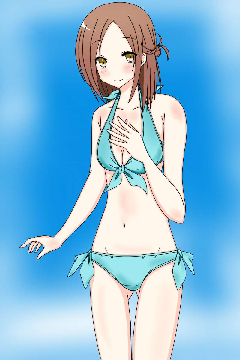 1girl bikini blue_bikini blush brown_hair fujimiya_kaori isshuukan_friends myuu_myuu pixiv sky solo