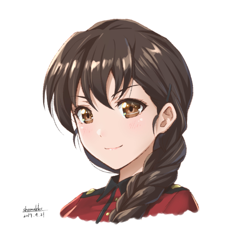 1girl artist_name braid brown_eyes brown_hair closed_mouth dated epaulettes girls_und_panzer hair_over_shoulder jacket long_hair looking_at_viewer military military_uniform portrait red_jacket rukuriri shamakho signature simple_background single_braid smile solo st._gloriana's_military_uniform uniform white_background