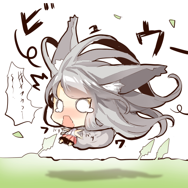 /\/\/\ 1girl absurdly_long_hair afterimage animal_ears bare_arms barefoot blush chibi flailing flying fox_ears fox_girl fox_tail long_hair nose_blush o_o open_mouth original outdoors pink_skirt pleated_skirt shirt silver_hair skirt sleeveless sleeveless_shirt solo tail teardrop translation_request very_long_hair white_background white_shirt window yuuji_(yukimimi)