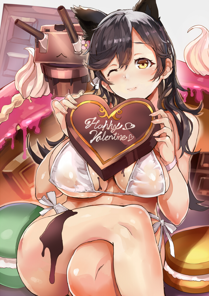 animal_ears atago_(azur_lane) azur_lane bangs bikini black_hair breasts chocolate chocolate_heart chocolate_on_breasts closed_mouth commentary_request english food_on_body hair_ribbon heart himuro_(dobu_no_hotori) holding holding_heart large_breasts legs_crossed long_hair looking_at_viewer mole mole_under_eye one_eye_closed ribbon side-tie_bikini sitting smile sweets swept_bangs swimsuit turret valentine white_bikini white_ribbon yellow_eyes