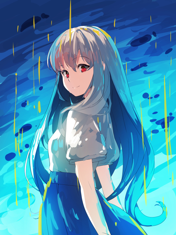 1girl bangs blue_skirt closed_mouth eyebrows_visible_through_hair hair_between_eyes long_hair looking_at_viewer looking_to_the_side original pleated_skirt rain red_eyes shirt short_sleeves silver_hair sketch skirt smile solo very_long_hair white_shirt wide_sleeves yuuji_(yukimimi)