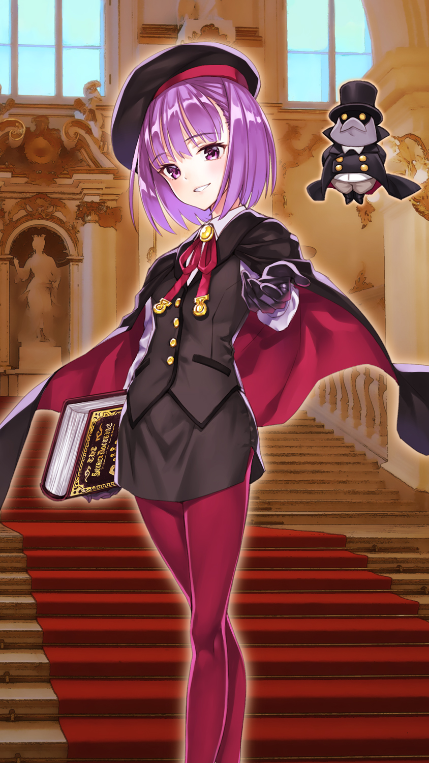 1girl alternate_costume black_cape black_gloves black_hat black_jacket black_skirt black_vest blush book cape commentary_request creature eyebrows_visible_through_hair fate/grand_order fate_(series) feet_out_of_frame gloves hat helena_blavatsky_(fate/grand_order) highres holding holding_book indoors jacket long_sleeves looking_at_viewer matsuryuu medal multicolored multicolored_cape multicolored_clothes pantyhose pencil_skirt purple_hair red_cape red_legwear shirt short_hair skirt smile solo stairs standing vest violet_eyes white_shirt