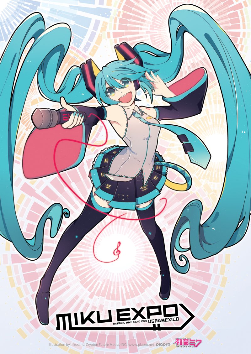 1girl :d aqua_eyes aqua_hair aqua_nails arched_back arm_tattoo armpits black_footwear black_legwear black_skirt boots cable detached_sleeves floating_hair grey_shirt hatsune_miku headphones headset hikusa knee_boots kneehighs long_hair looking_at_viewer microphone multicolored multicolored_background nail_polish necktie official_art open_mouth piapro pigeon-toed pleated_skirt promotional_art shirt skirt sleeveless sleeveless_shirt smile solo tattoo thigh-highs thigh_boots twintails very_long_hair vocaloid zettai_ryouiki
