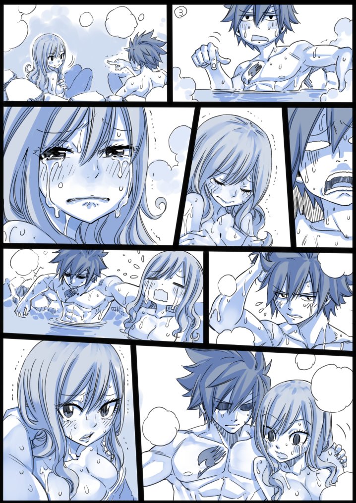 1boy 1girl abs adjusting_hair arm_around_shoulder black_border border breasts chest_tattoo comic crying fairy_tail flying_sweatdrops gray_fullbuster juvia_lockser long_hair looking_at_another mashima_hiro monochrome nipples onsen partially_submerged pointing silent_comic tattoo tears trembling wavy_mouth wet