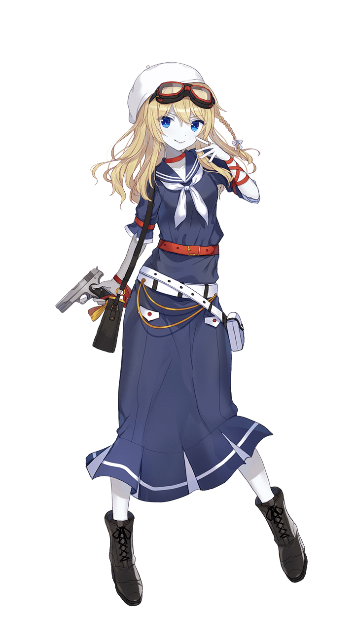 1girl black_footwear blonde_hair blue_eyes blue_skirt boots cross-laced_footwear dress elizabeth_dunaway finger_to_mouth formation_girls full_body goggles goggles_on_head gun hair_braid handgun hat highres hiiragi_souren holding holding_gun holding_weapon jewelry lace-up_boots long_hair long_skirt looking_at_viewer neckerchief official_art pistol red_belt red_ribbon ribbon ring sailor_dress skirt smile solo transparent_background weapon white_belt white_hat white_neckwear