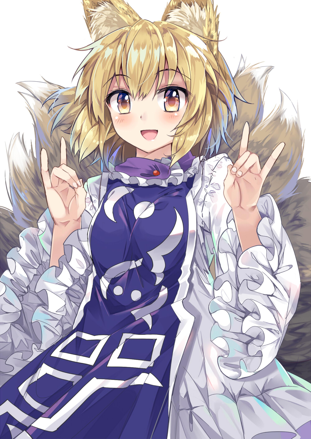 1girl animal_ears blonde_hair blush commentary_request cowboy_shot dress e.o. eyebrows_visible_through_hair fox_ears fox_tail frilled_dress frills highres long_sleeves no_hat no_headwear open_mouth shaka_sign short_hair simple_background smile solo tabard tail touhou white_background white_dress wide_sleeves yakumo_ran yellow_eyes