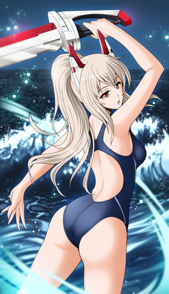 1girl ass ayanami_(azur_lane) azur_lane blonde_hair blue_swimsuit commentary_request competition_swimsuit cowboy_shot from_behind headgear horizon long_hair looking_at_viewer looking_back one-piece_swimsuit ponytail rakusai_(saisai_garou) red_eyes solo swimsuit sword waves weapon