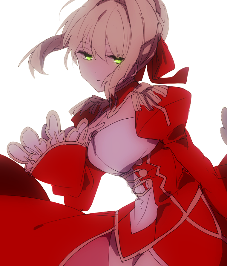 1girl bangs blonde_hair commentary_request dress fate/extra fate_(series) hair_between_eyes hair_ribbon hand_on_own_chest hand_up hiiragi_fuyuki long_sleeves looking_at_viewer nero_claudius_(fate) nero_claudius_(fate)_(all) parted_lips red_dress red_eyes red_ribbon ribbon saber_extra short_hair simple_background solo standing white_background wide_sleeves