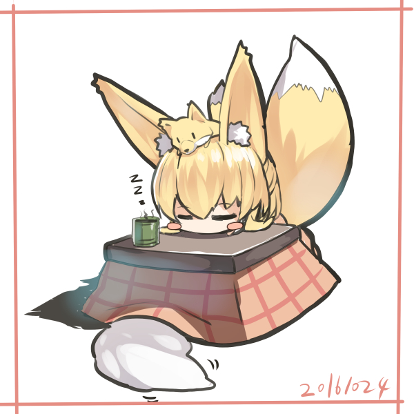 2girls animal animal_ears animal_on_head bangs blonde_hair blush_stickers chibi closed_eyes closed_mouth cup dated eyebrows_visible_through_hair fox fox_ears fox_girl fox_on_head fox_tail green_tea hair_between_eyes head_rest kotatsu multiple_girls on_head original solo_focus table tail tea under_kotatsu under_table white_background yunomi yuuji_(yukimimi) zzz