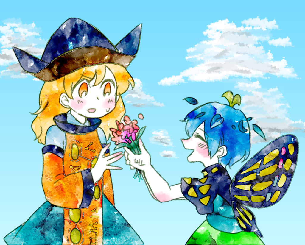 2girls antennae black_hat blonde_hair blue_hair blue_sky blush butterfly_wings closed_eyes clouds eternity_larva facing_another flower giving hat kokeshi_(yoi_no_myoujou) leaf leaf_on_head long_hair long_sleeves looking_at_another matara_okina multiple_girls open_mouth pastel_colors short_hair short_sleeves sky sweat tabard touhou wide_sleeves wings yellow_eyes