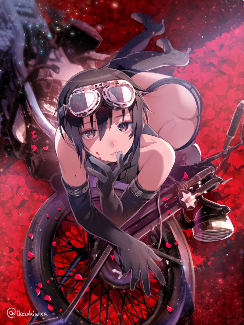 1girl ass bare_shoulders black_hair boots butt_crack elbow_gloves eyebrows_visible_through_hair fur_hat gloves goggles goggles_on_head ground_vehicle hair_between_eyes hand_on_own_chin hat high_heels ikezaki_misa kino kino_no_tabi lips looking_at_viewer lying motor_vehicle motorcycle on_side parted_lips petals shiny shiny_hair shiny_skin short_hair shorts solo thigh-highs thigh_boots tomboy twisted_torso