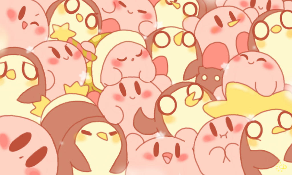 adventure_time big_eyes bird brush daycolors gunter_(adventure_time) kirby kirby_(series) open_mouth penguin single_eye sleepy star_(sky)