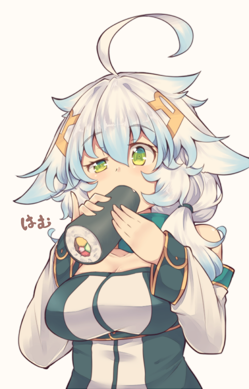 1girl ahoge animal_ears breasts cleavage detached_sleeves eating fang food gradient_hair green_eyes kuromiya large_breasts multicolored_hair original setsubun shiromiya_asuka short_hair upper_body white_hair