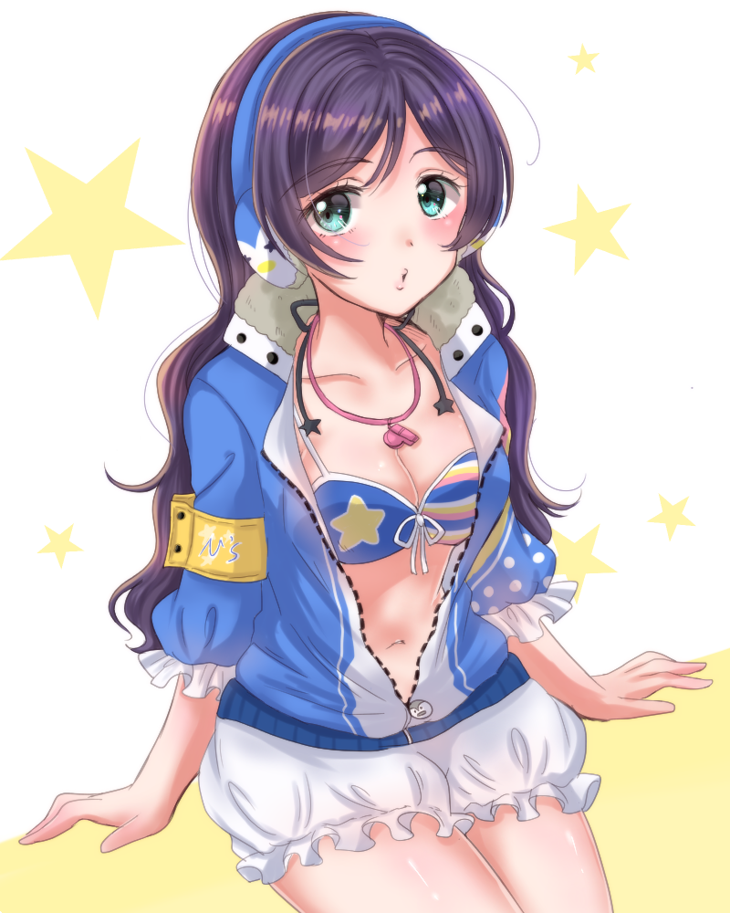 1girl blush breasts cleavage collarbone commentary_request earmuffs eneco front-tie_top green_eyes headphones jacket long_hair looking_at_viewer love_live! love_live!_school_idol_festival love_live!_school_idol_project medium_breasts navel open_clothes open_jacket purple_hair solo toujou_nozomi unbuttoned unzipped