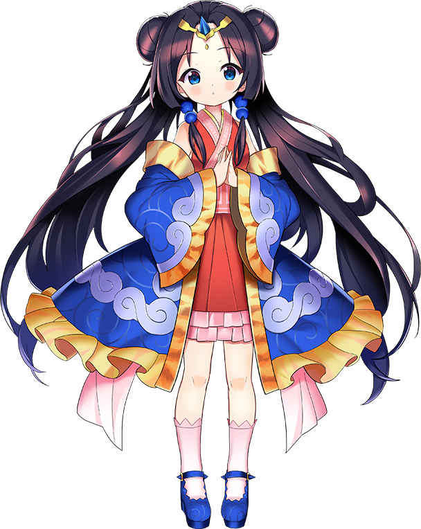 1girl bangs black_hair blue_eyes detached_sleeves double_bun full_body horn kino_(oshiro_project) long_hair looking_at_viewer official_art oshiro_project oshiro_project_re parted_bangs pink_legwear rassie_s sidelocks socks solo transparent_background twintails very_long_hair