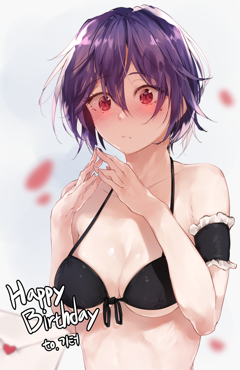 1girl arm_garter bangs bare_shoulders bikini black_bikini blush breasts closed_mouth commentary_request english eyebrows_visible_through_hair hair_between_eyes hands_up highres hplay large_breasts looking_at_viewer mole mole_under_eye original red_eyes short_hair solo swimsuit wide-eyed