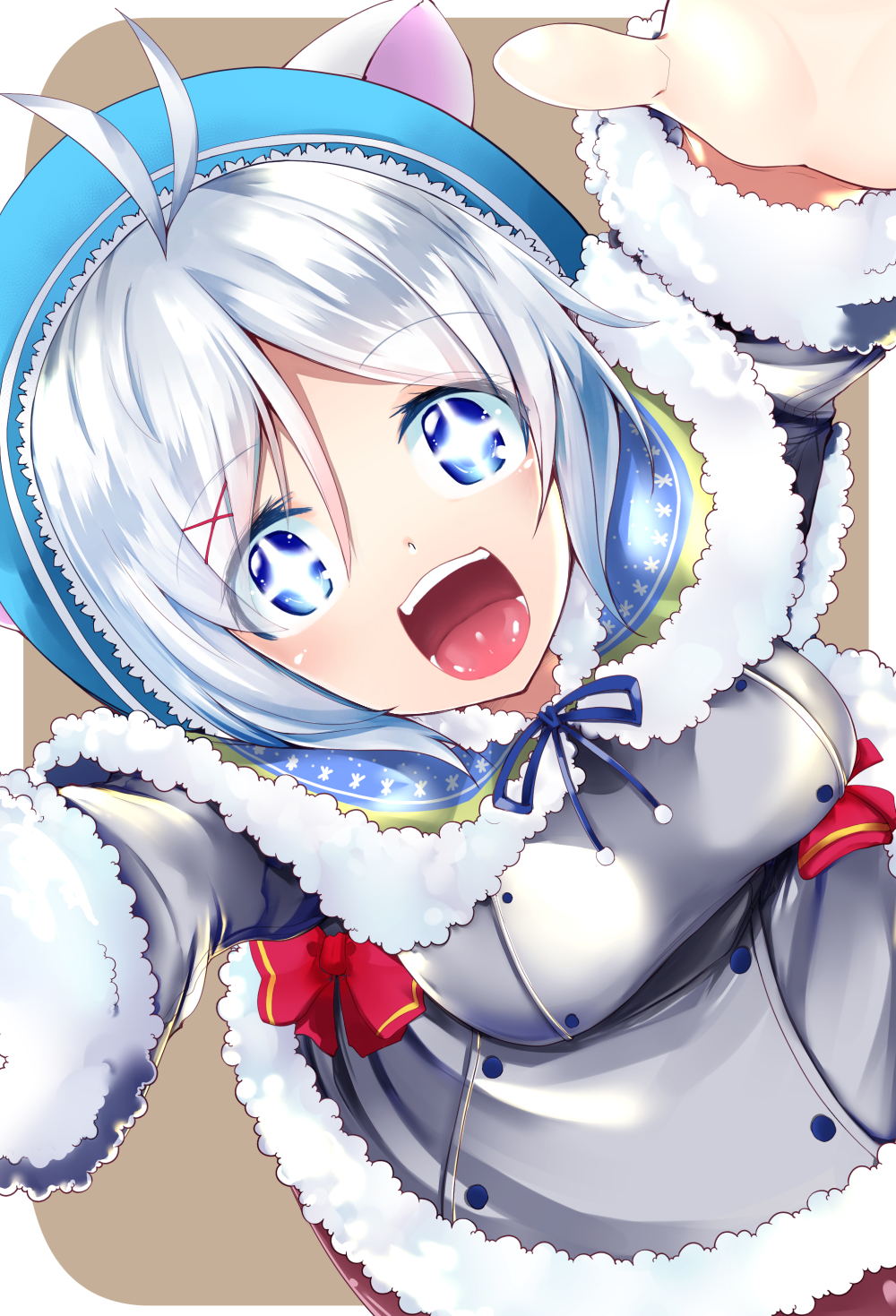 +_+ 1girl :d animal_ears animal_hat antenna_hair arms_up bangs blue_eyes blue_hat blush bow breasts brown_background capelet cat_ears cat_hat coat commentary_request dennou_shoujo_youtuber_shiro dutch_angle eyebrows_visible_through_hair from_above fur-trimmed_capelet fur-trimmed_coat fur_trim grey_coat hair_between_eyes hair_ornament hat highres looking_at_viewer medium_breasts open_mouth outstretched_arms red_bow shiro_(dennou_shoujo_youtuber_shiro) short_hair silver_hair smile solo takara_akihito two-tone_background white_background x_hair_ornament