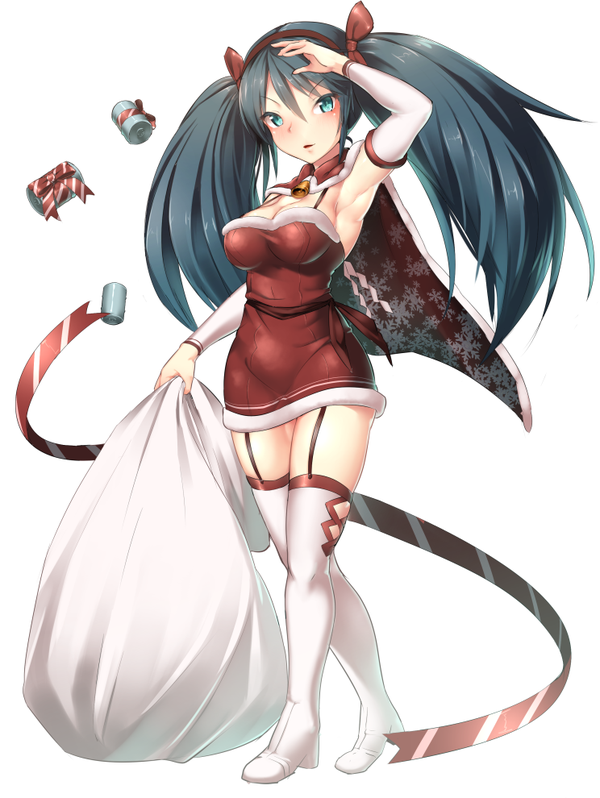1girl alternate_costume arm_up armpits ayagi_daifuku bell blue_eyes blue_hair boots bow breasts can cape cleavage detached_sleeves dress eyebrows_visible_through_hair garter_straps hair_ornament hair_ribbon hairband holding_sack isuzu_(kantai_collection) kantai_collection large_breasts long_hair long_sleeves looking_at_viewer parted_lips red_bow red_cape red_dress red_hairband ribbon sack santa_costume short_dress simple_background smile snowflake_hair_ornament soda_can solo thigh-highs thigh_boots twintails v-shaped_eyebrows very_long_hair white_background white_footwear