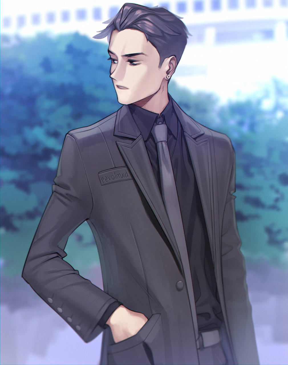 1boy aconitea artist_name black_eyes black_hair blurry building bush depth_of_field earrings formal hand_in_pocket highres jewelry looking_to_the_side male_focus necktie original solo stud_earrings suit upper_body