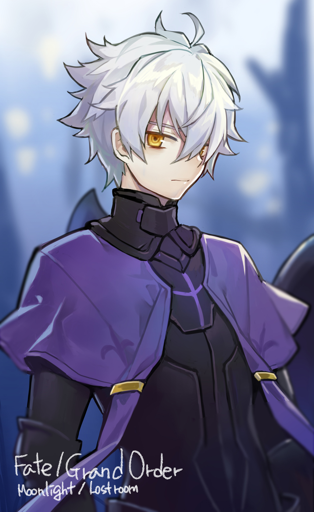 1boy ahoge armor black_armor cape closed_mouth commentary_request fate/grand_order fate_(series) galahad_(fate) hair_between_eyes hair_over_one_eye highres holding holding_shield holding_weapon knight looking_at_viewer male_focus purple_cape shield silver_hair sin_(btc86amme) solo weapon yellow_eyes