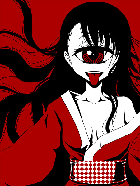 1girl :p bangs breasts commentary_request cyclops japanese_clothes kimono long_hair long_sleeves looking_at_viewer medium_breasts monochrome obi off_shoulder one-eyed original red red_background sash shake-o simple_background single_bare_shoulder smile solo tongue tongue_out upper_body