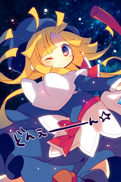 1girl ;) ana_(rznuscrf) blonde_hair blue_dress blue_eyes blue_hat blush capelet closed_mouth dress hat long_hair long_sleeves looking_at_viewer looking_to_the_side night night_sky one_eye_closed outstretched_arm puyopuyo sky smile solo star star_(sky) starry_sky translation_request white_capelet witch_(puyopuyo) witch_hat