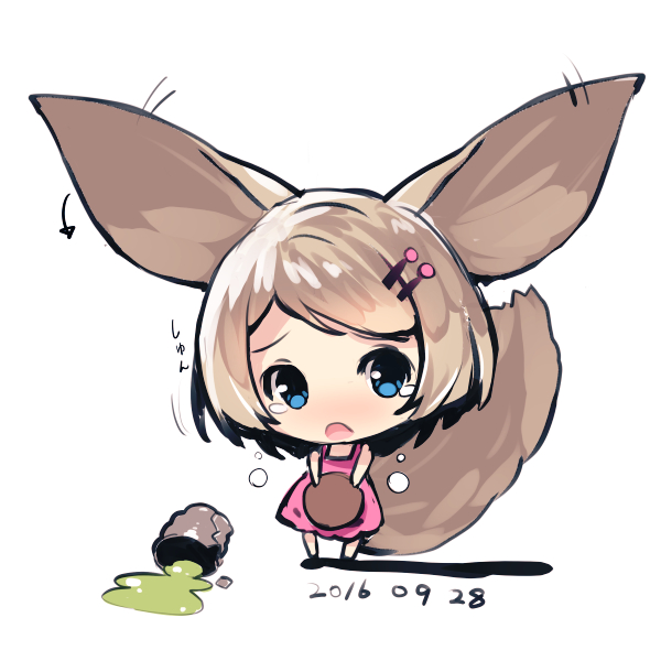 1girl :o animal_ears bangs bare_arms barefoot blue_eyes blush chibi crying cup dated directional_arrow dress fox_ears fox_girl fox_tail green_tea hair_ornament hairclip holding holding_tray light_brown_hair nose_blush open_mouth original pink_dress short_hair sleeveless sleeveless_dress spill standing tail tea tears tray white_background yunomi yuuji_(yukimimi)