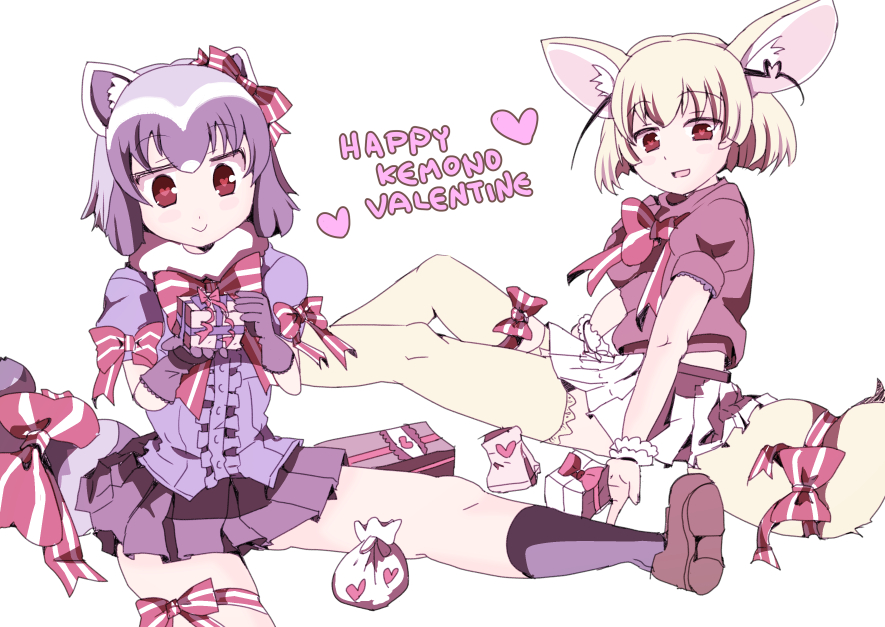 2girls adapted_costume animal_ears blonde_hair bow bowtie box brown_eyes common_raccoon_(kemono_friends) ear_ribbon eyebrows_visible_through_hair fennec_(kemono_friends) fox_ears fox_tail fur_collar gift gift_box gloves heart heart-shaped_pupils holding holding_gift kemono_friends miniskirt multiple_girls ootsuka_miyuko pleated_skirt pouch raccoon_ears raccoon_tail short_hair short_sleeves sitting skirt striped_neckwear symbol-shaped_pupils tail tail_bow thigh-highs thigh_bow thigh_strap valentine white_background white_skirt wrist_cuffs