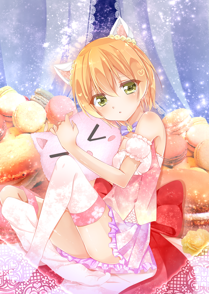 1girl animal_ears bare_shoulders commentary_request detached_sleeves food from_side green_eyes hayami_rokushichi head_tilt hoshizora_rin looking_at_viewer love_live! love_live!_school_idol_project macaron neck_bell orange_hair pleated_skirt short_sleeves sitting skirt strapless stuffed_toy thigh-highs white_legwear zettai_ryouiki