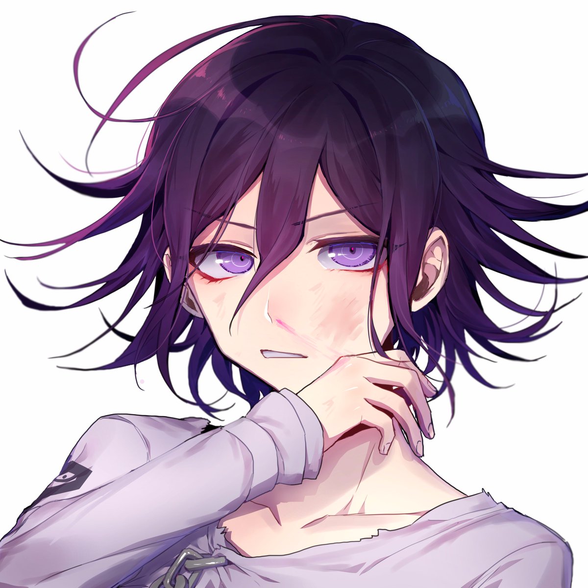 1boy blood bruise_on_face chains collarbone dangan_ronpa grey_shirt hair_between_eyes hand_up highres long_sleeves looking_at_viewer male_focus nanin new_dangan_ronpa_v3 nosebleed ouma_kokichi parted_lips purple_hair shirt smile torn_clothes torn_skirt upper_body v-shaped_eyebrows violet_eyes white_background wiping_face