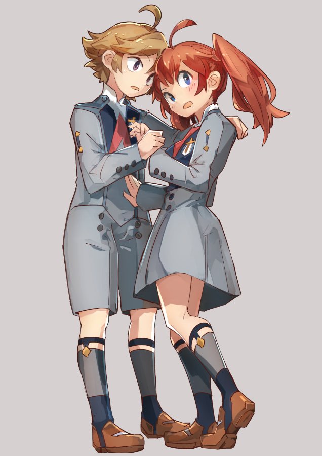 1boy 1girl ahoge brown_hair darling_in_the_franxx dress full_body geetgeet hand_holding long_hair miku_(darling_in_the_franxx) shorts sock_garters twintails uniform zorome_(darling_in_the_franxx)