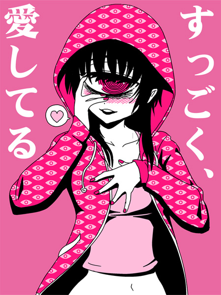 1girl @_@ bangs blush commentary_request cyclops fingernails hand_on_own_face heart hood hood_up hoodie looking_at_viewer monochrome nail_polish navel one-eyed open_clothes open_hoodie original pink pink_background ringed_eyes shake-o shirt simple_background smile solo spoken_heart upper_body