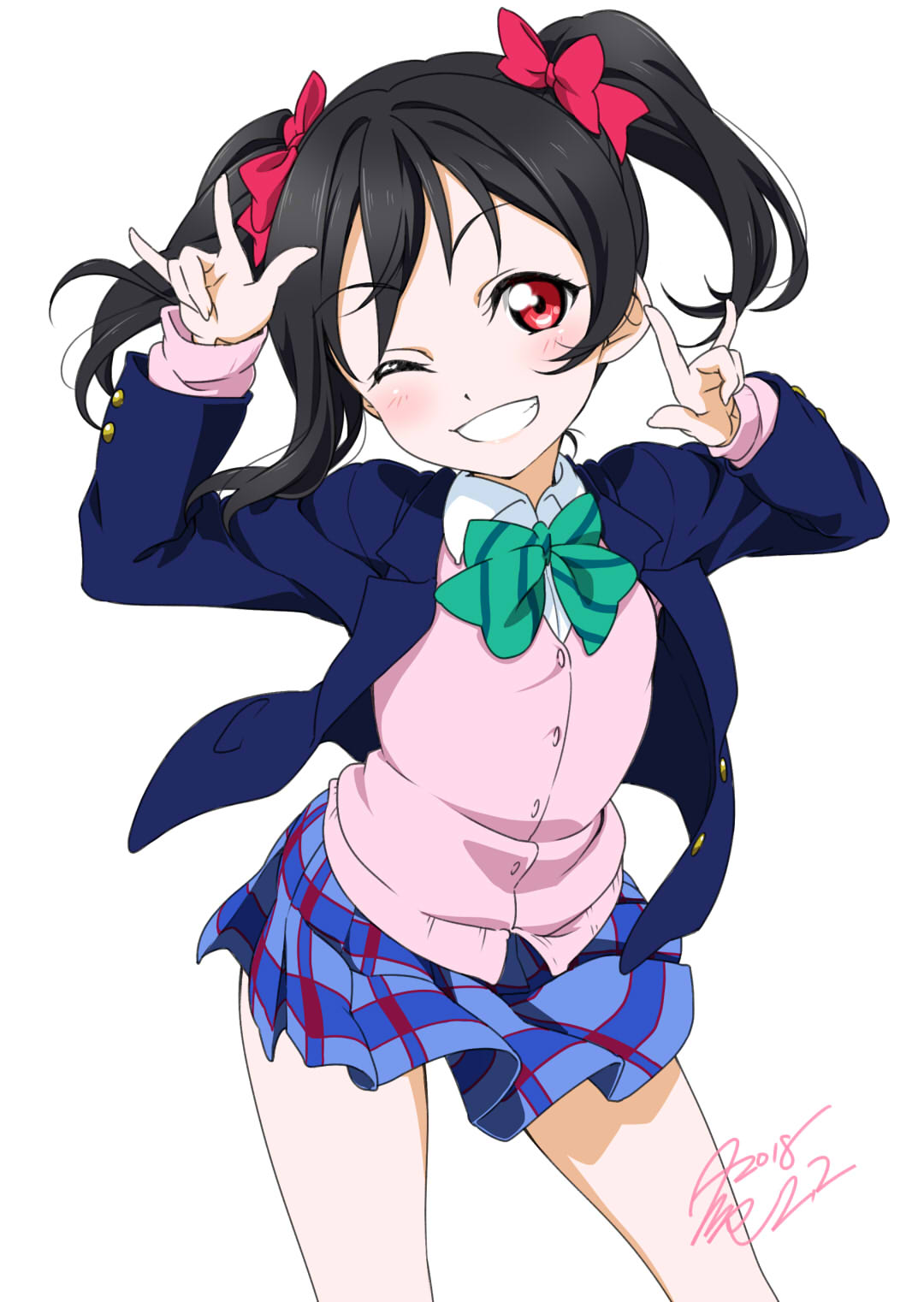 1girl 2018 \m/ arms_up black_hair blazer blue_jacket blue_skirt blush bow bowtie contrapposto double_\m/ eyebrows_visible_through_hair green_bow green_neckwear hair_bow head_tilt highres jacket legs_apart long_hair long_sleeves looking_at_viewer love_live! love_live!_school_idol_project miniskirt nico_nico_nii open_blazer open_clothes open_jacket otonokizaka_school_uniform pink_bow plaid plaid_skirt pleated_skirt red_eyes signature simple_background skirt solo standing striped striped_bow takeya_yuuki tareme white_background wing_collar yazawa_nico