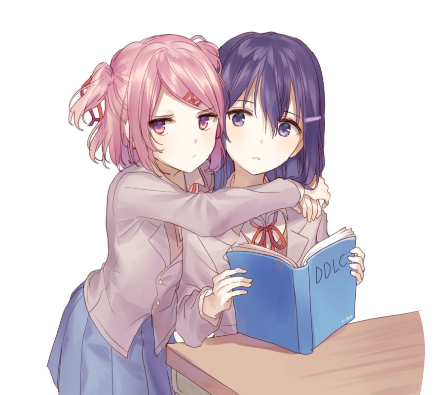 2girls arms_around_neck blazer book desk doki_doki_literature_club hair_ornament hairclip hug jacket light_blush long_hair misha_(hoongju) multiple_girls natsuki_(doki_doki_literature_club) neck_ribbon parted_lips pink_eyes pink_hair pleated_skirt purple_hair ribbon school_uniform short_hair skirt two_side_up violet_eyes yuri yuri_(doki_doki_literature_club)