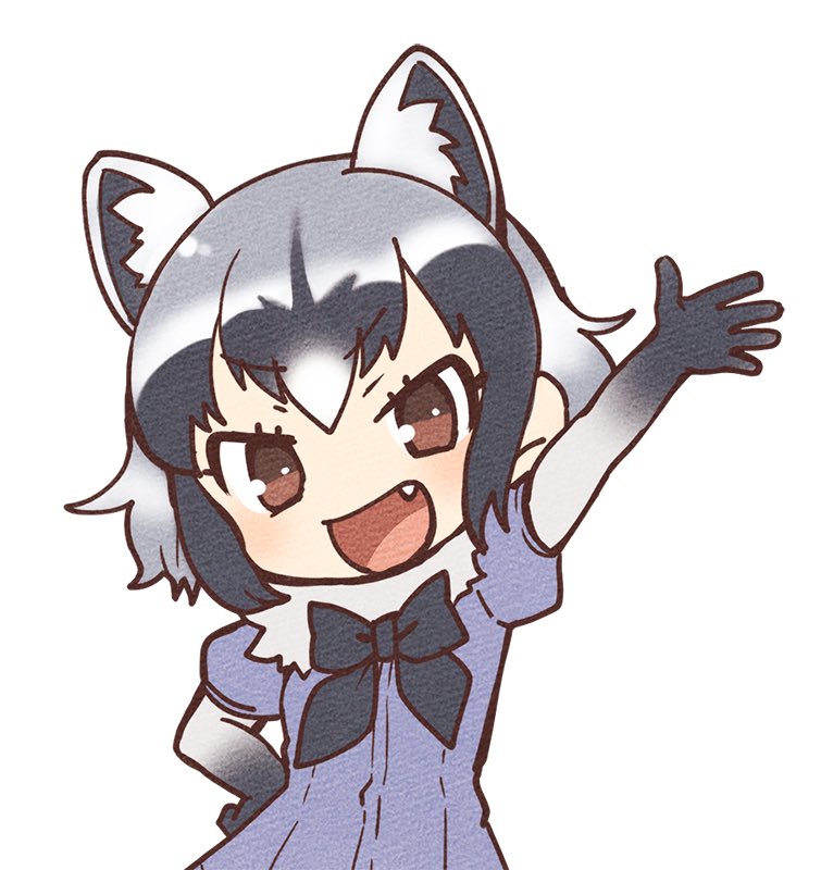 1girl :d animal_ears arm_up black_gloves black_hair black_neckwear bow bowtie brown_eyes common_raccoon_(kemono_friends) doremifa_rondo_(vocaloid) extra_ears eyebrows_visible_through_hair fang fur_collar gloves grey_hair hand_on_hip kemono_friends looking_at_viewer multicolored_hair official_art open_mouth raccoon_ears short_hair short_sleeves simple_background smile solo tama_(songe) white_background