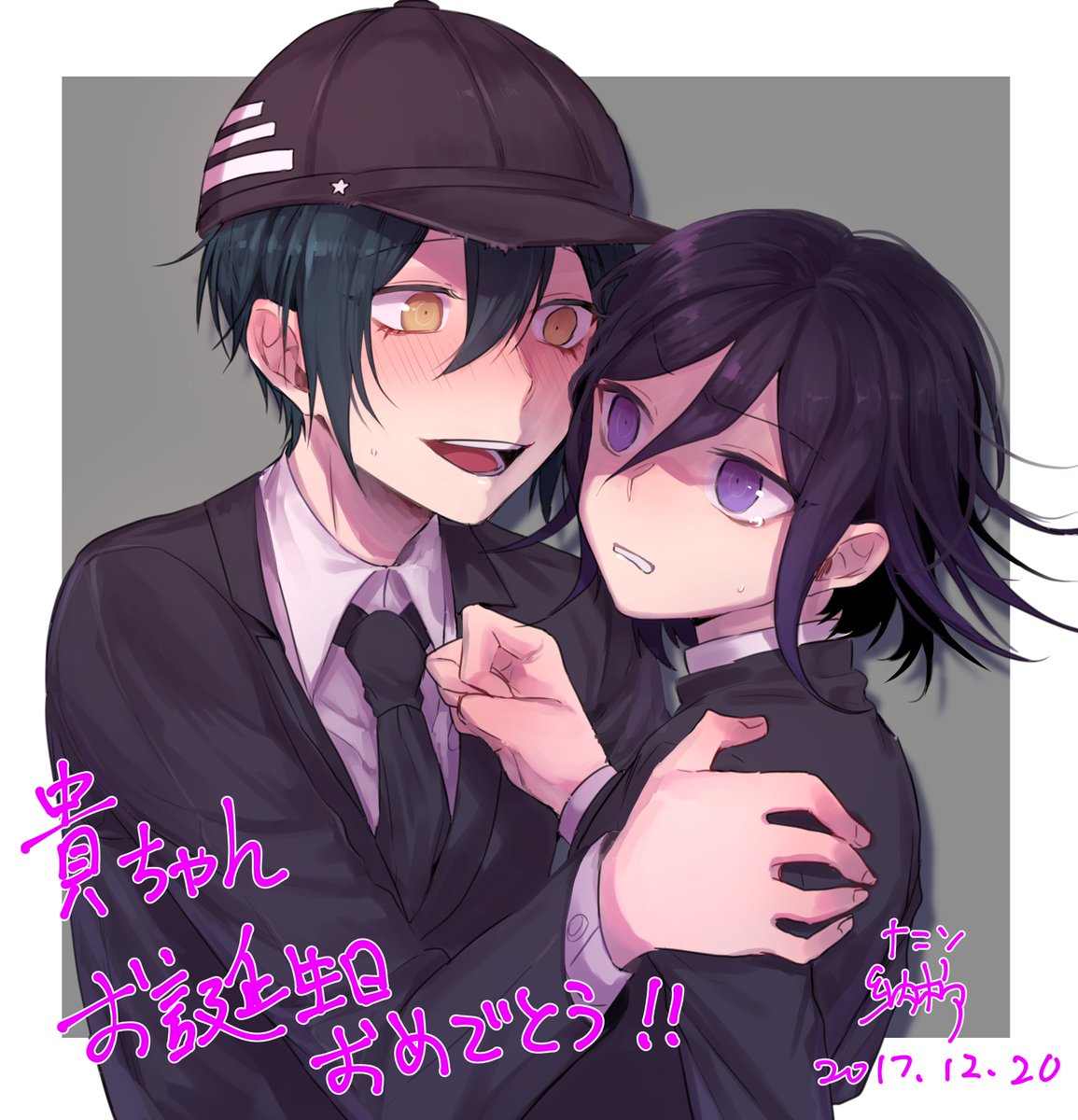 2boys :d alternate_costume baseball_cap black_hair black_hat blush clenched_hand clenched_teeth collared_shirt dangan_ronpa dated eyebrows_visible_through_hair formal grey_background hair_between_eyes hand_on_another's_shoulder hat highres long_sleeves male_focus multiple_boys nanin necktie new_dangan_ronpa_v3 nose_blush open_mouth ouma_kokichi purple_hair saihara_shuuichi shaded_face shirt signature simple_background smile suit tearing_up tears teeth translation_request upper_body violet_eyes wing_collar yaoi yellow_eyes